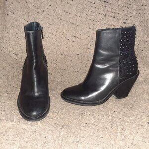 ASH-Booties-Black Leather-Side Zip-Stacked Heel-Black Studs-Sz 37-Excellent